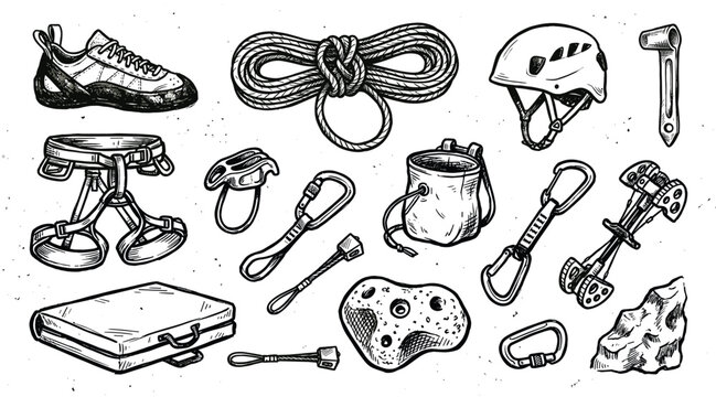 Various hand-drawn rock climbing equipment items are neatly arranged, showcasing essential gear in a detailed sketch style