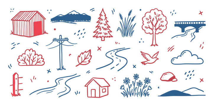 Various hand-drawn nature and rural elements, including trees, houses, mountains, and roads, are scattered across a white surface in a charming doodle style