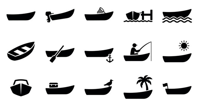 Various black silhouette boat icons depicting different types of watercraft and marine activities in a clean, graphic style