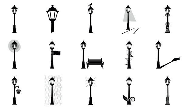 Collection of various black silhouette street lamps and lampposts with different designs, including some with decorative elements