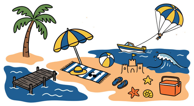 Colorful hand-drawn beach scene with palm tree, parasol, boat, and parasailing person enjoying summer vacation