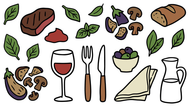 Various hand-drawn food and dining elements, including steak, vegetables, wine, and cutlery, arranged in a playful pattern