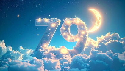 Obraz premium Beautiful dreamy number 79 floating in celestial clouds with glowing stars and moon