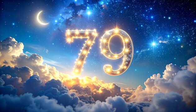 Beautiful dreamy number 79 floating in celestial clouds with glowing stars and moon