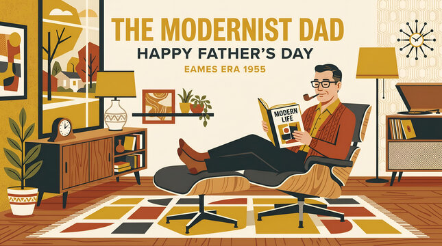 Midcentury modern fathers day illustration with man reading in eames chair