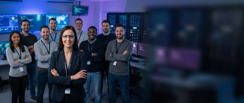 Diverse cybersecurity team standing in futuristic security operations center with confident female analyst in foreground, IT security engineers and network analysts, enterprise cybersecurity workplace