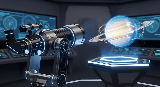 Futuristic sci-fi blaster gun firing energy beam in space setting with holographic interface