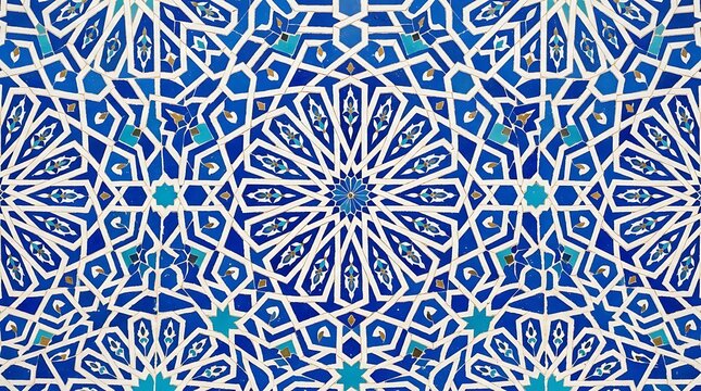 Intricate blue and white islamic geometric tile pattern, traditional mosaic art from uzbekistan