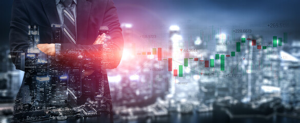 Fototapeta premium Businessman in Suit with Arms Crossed Over Cityscape and Stock Market Graph Showing Financial Trends and Economic Growth at Night Sigmoid