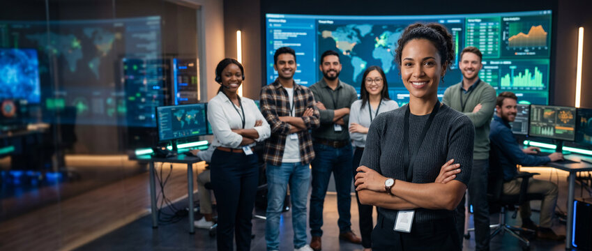 Diverse cybersecurity team standing in futuristic security operations center with confident female analyst in foreground, IT security engineers and network analysts, enterprise cybersecurity workplace