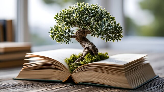 Bonsai Baum auf offenem Buch als Symbol f&uuml;r Wissen und pers&ouml;nliches Wachstum