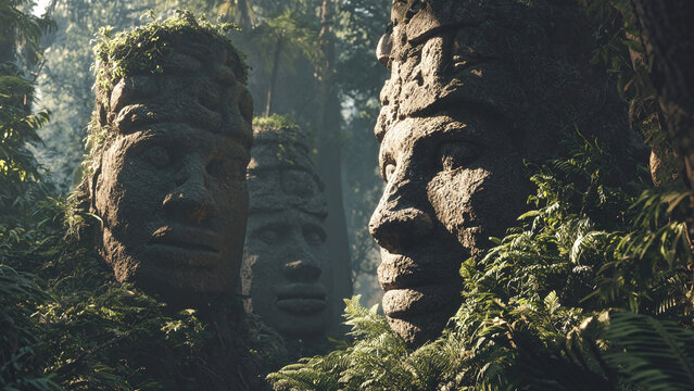 Ancient giant stone face statues hidden in a dense green tropical jungle