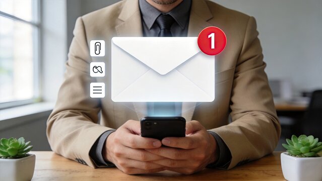Businessman in suit receiving new email notification on smartphone, digital communication concept with holographic envelope icon and unread message badge in modern office