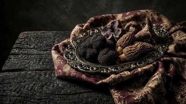 Black truffles and morel mushrooms on rustic wood