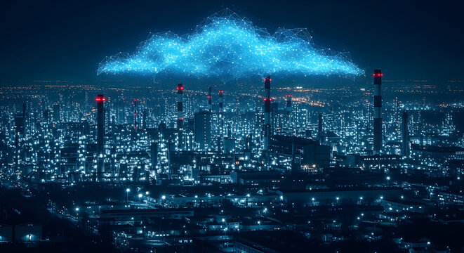 Industrial city at night with digital cloud network, concept of smart factory, data center, and cloud computing technology in industry