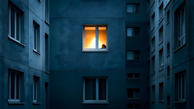 Leuchtendes Fenster in dunklem Wohnblock bei Nacht mit einsamer Stimmung