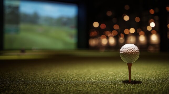 Golf ball on a tee in an indoor golf simulator room with screen and bokeh lighting