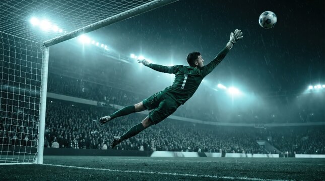 Dynamic soccer goalkeeper making a spectacular save during an intense night game under stadium lights.