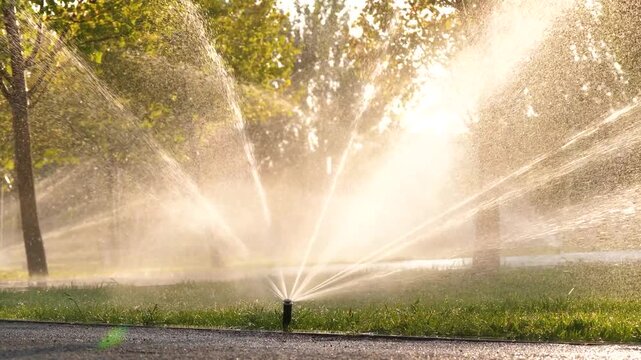 Irrigation system watering green lawn in sunlight. Sprinklers spray water creating misty atmosphere. Beautiful garden scene enhances outdoor relaxation and leisure.