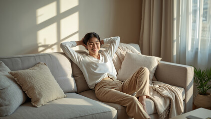 Obraz premium 休日のリビングで朝の伸びをする日本人女性のくつろぎ写真