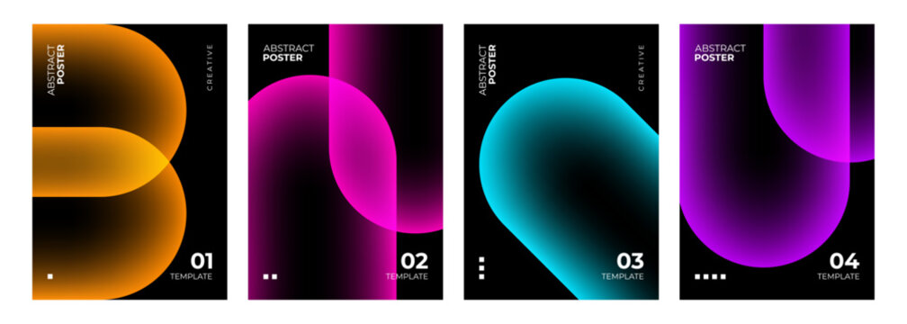 Abstract Posters Collection. Vibrant neon colored gradient geometric shapes on black background. Futuristic creative graphic designs. Vector illustration.