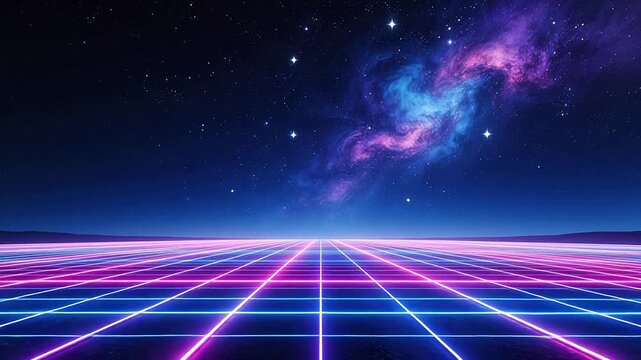 Neon grid under starry sky