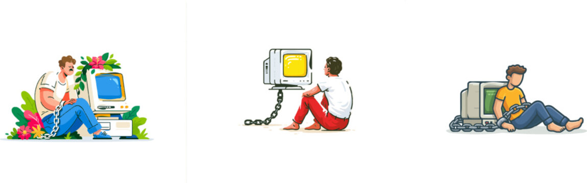 A worker chained to an outdated computer amidst lush greenery and vibrant flowers, embodying a blend of modernity and nostalgia