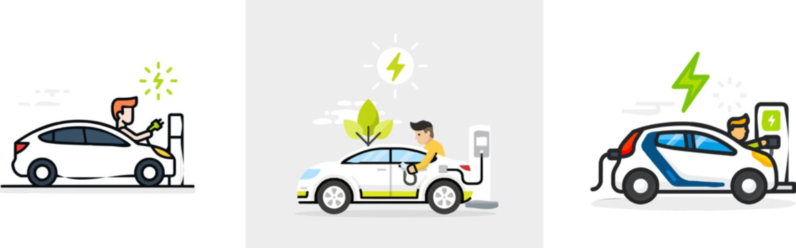 A vibrant electric vehicle is connected to a charging station, symbolizing the transition towards green energy in urban landscapes