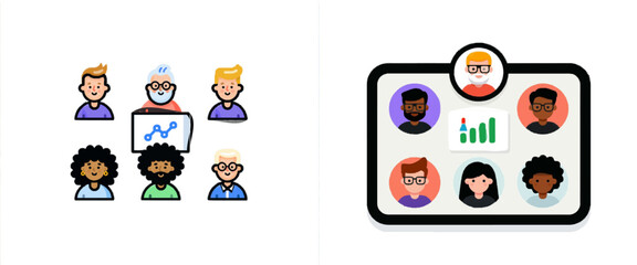 Fototapeta premium A remote team video call grid features five diverse faces, one person sharing a screen with a graph, all against a solid cream backdrop in a flat vector style with thick black contours