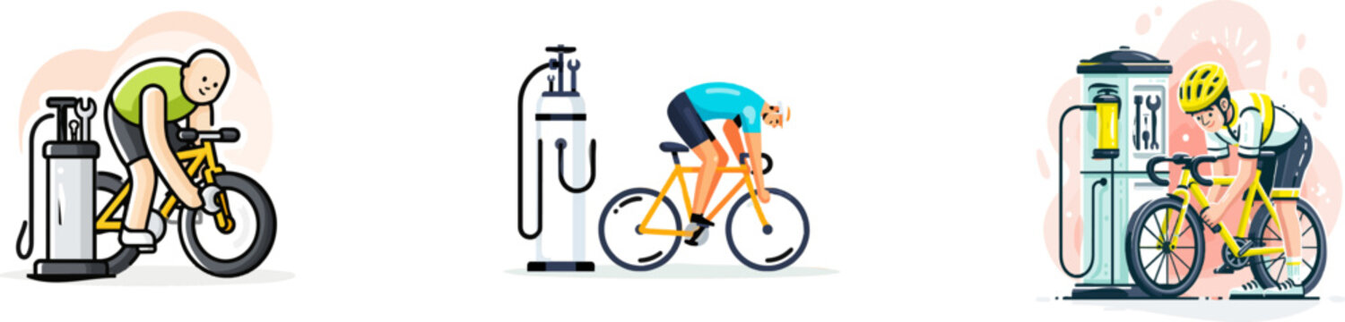 A cyclist fixes a flat tire at a public bike repair station with pump and tools, surrounded by simple geometric shapes in solid turquoise, dark gray, and yellow on a soft coral background