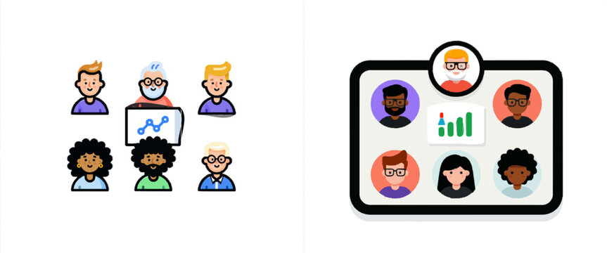 A remote team video call grid features five diverse faces, one person sharing a screen with a graph, all against a solid cream backdrop in a flat vector style with thick black contours