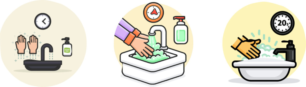 This clean, modern public sink features hands under water with a hand-washing timer illustration, accompanied by a soap dispenser and an aqua-colored background