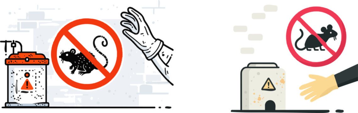 A pest-control workers gloved hand reaches out to a rat silhouette inside a prohibition circle on an orange rodent control bait station in an urban alley