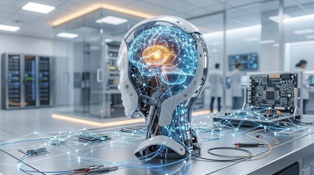 Artificial intelligence robot head with glowing brain in lab