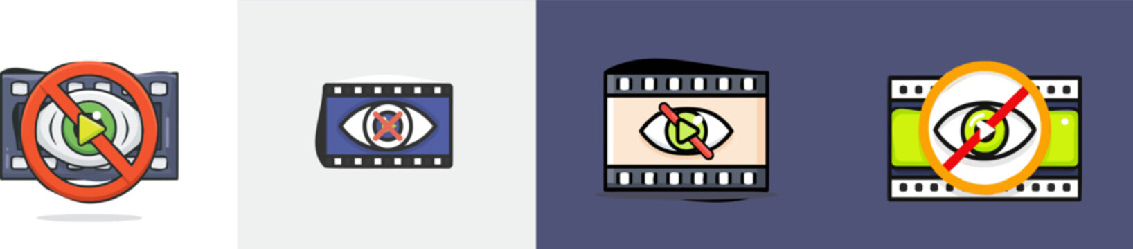 A film strip icon with a crossed-out eye and play button represents deepfake technology in a minimalist, flat design on a solid dark purple background