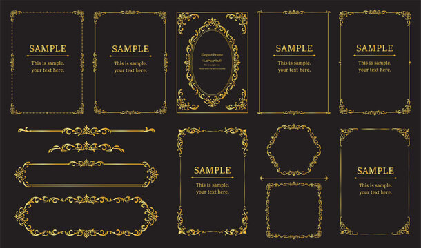 Elegant golden decorative frame set with vintage flourishes and refined ornamental borders for invitations, luxury branding and print layouts.
