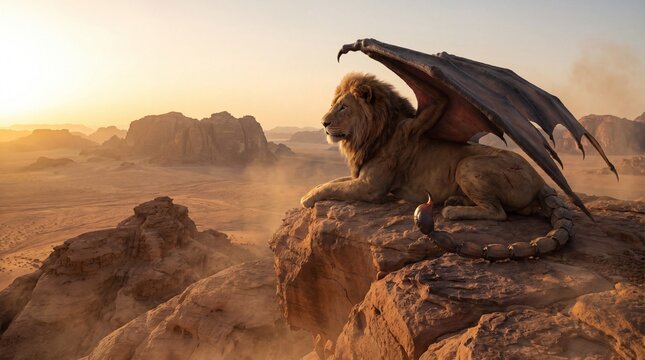 Mythical manticore beast resting on desert cliff at sunrise