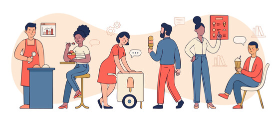 Fototapeta premium People Eating Ice Cream Shop Vector Illustration, Customer Service and Refreshment Concept with Diverse Characters Enjoying Desserts and Frozen Treats in Modern Flat Design Style for Marketing Graphic