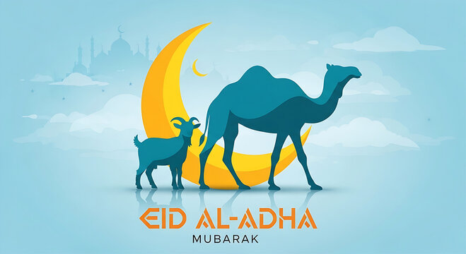 Eid al-Adha Mubarak vector banner with camel and goat silhouette. Islamic festival of sacrifice poster with big crescent moon. Muslim holiday celebration greeting card.