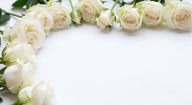 White roses arranged in a semi circle on a white background  floral border