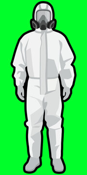 Full body protective uniform illustration with gas mask on green backdrop for industrial hazard awareness infographic