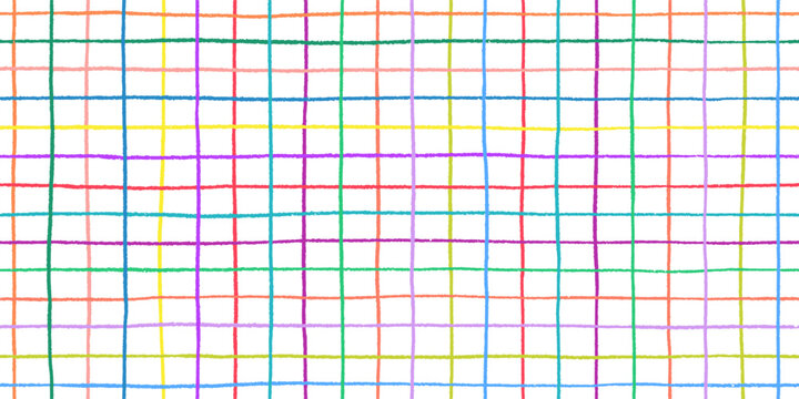 Square grid hand drawn seamless pattern. Pencil thin color line. School texture backdrop. Vector crayon thin bright stroke. Blank sheet. Doodle geometric wallpaper for graphic kids design. Art textile