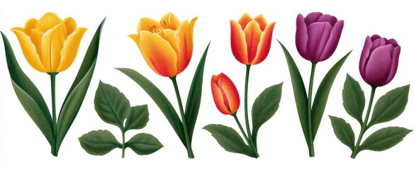 Obraz premium Tulip blooms with foliage halftone elements for collage set. Cut out of magazine vintage stickers, yellow, orange, and purple flowers. Modern retro illustration isolated on white background