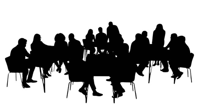 Silhouette people meeting around a table isolated on transparent background, Vector