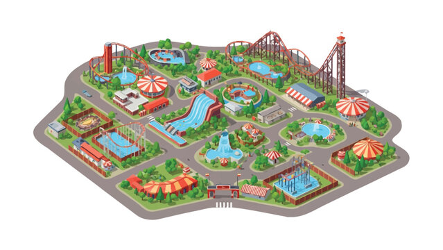 Isometric Amusement Park and Water Park Map Illustration with Roller Coasters, Water Slides, Circus Tents, and Fairground Attractions Isolated on White Background