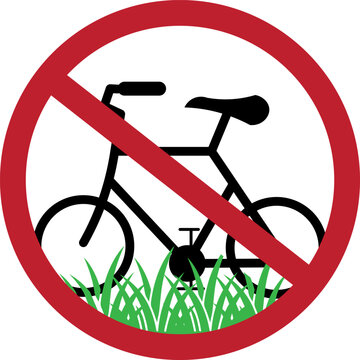 no bicycling on grass sign icon. prohibition symbol of bicycle on green lawn. vector illustration.