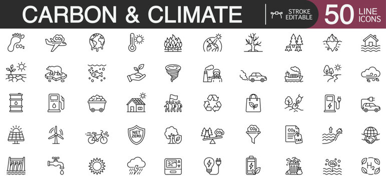 Carbon and climate editable stroke line vector icon set featuring global warming, carbon footprint, and climate change concepts.