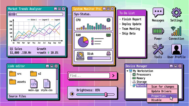 Computer desktop interface with multiple application windows displaying charts graphs and task lists