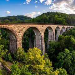 Fototapeta premium Old stone bridge in green landscape.