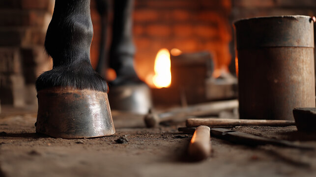 farrier. A horse's hoof on a stand, illuminated by forge light with tools nearby. safety posters, maintenance manuals, designed for precision metalworking and fabrication facilities, supports safety.